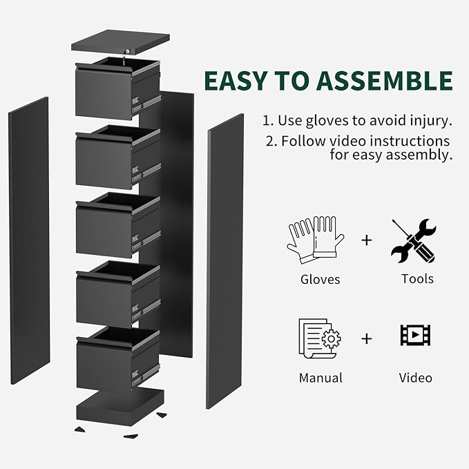 5 Drawer File Cabinet with Lock, Metal Vertical File Cabinets for Home Office, Office Furniture for Organization Hanging Legal/Letter/A4, Office File Cabinet Storage Cabinet, Require Assembly, Black