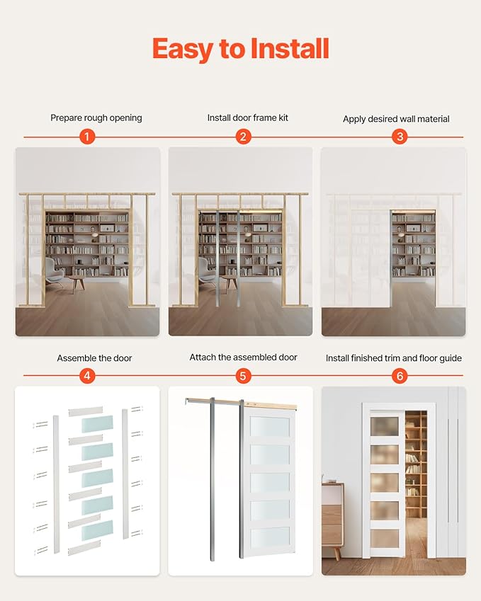VEVOR Sliding Pocket Door, 36" x 80", 5-Lite Frosted Glass with Hardware Kit, Sturdy Solid Wood & MDF Pocket Doors Slab with Waterproof Surface, Pre-Drilled Doors Panel, Need to Assemble