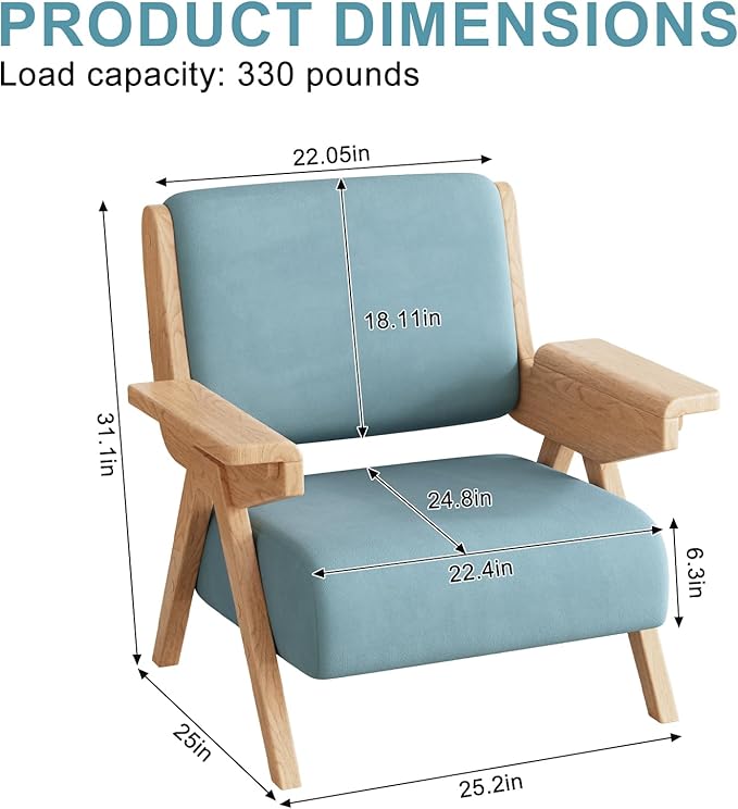 Accent Chair Mid Century Modern Chair, Velvet Upholstered Lounge Arm Chair with Solid Wood, Cozy Reading Chair for Living Room, Bedroom, Balcony (Blue, Single Chair)