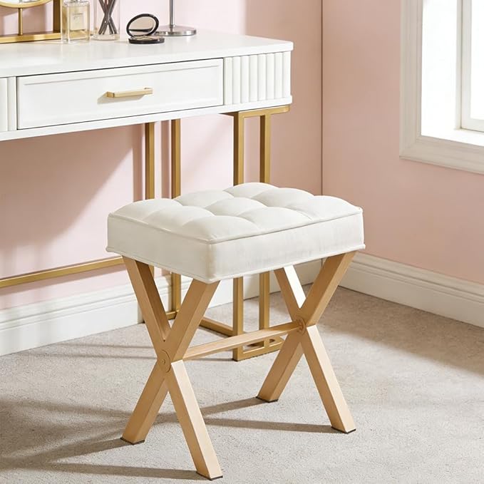 Modern Square Foot Stool Ottoman, Upholstered Vanity Chair with Metal X-Legs & Soft Linen Fabric - Versatile Seat and Footrest for Makeup, Living Room, Bedroom & Entryway(X-Yellow-White)