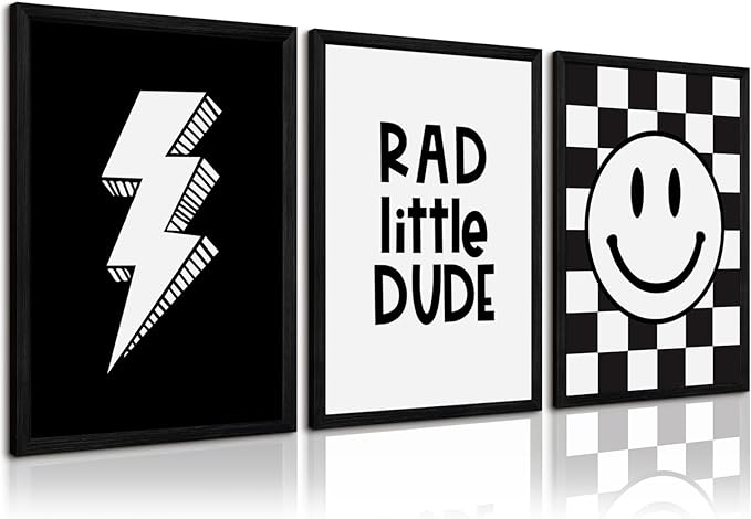 Boys Room Wall Art Decor Toddler Nursery Canvas Wall Art Baby Kids Wall Decor Black Checkered Smiley Poster Pictures Retro Playroom Rad Little Dud Art Prints for Bedroom 12x16x3 Inch Wood Framed