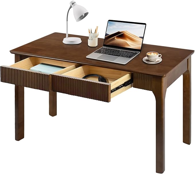 47.2'' Solid Wood Desk with 2 Drawers, Mid Century Modern Home Writing Office Wooden Desk ,Vintage Computer Table with Storage for Living Room, Bedroom, Fluted Design Brown (Walnut, 47.2 Inch)