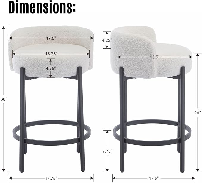 LukeAlon Modern Sherpa Counter Height Stools Set of 2, Upholstered 26" Seat Height Barstools with Black Metal Legs Round Low Back Kitchen Stools with Footrest for Dining Room Small Places, White