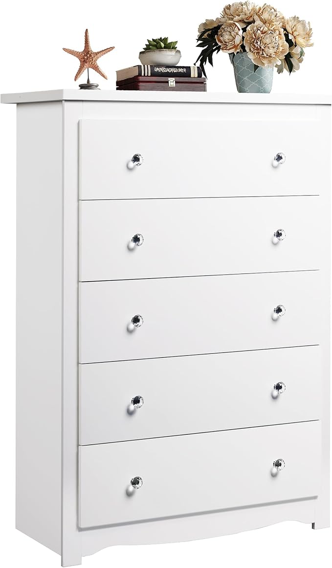 WLIVE White Dresser for Bedroom, 45" Tall 5 Drawers Wooden Chest of Drawers, Storage Cabinet and Organizer Drawers for Living Room, Hallway, Closet