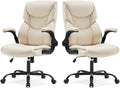 Sweetcrispy Ergonomic Computer Gaming Office Chair Set of 2, Heavy Duty Task Desk Swivel Rolling Chairs with Wheels, Flip-up Arms, Adjustable Height, PU Leather,Cream White