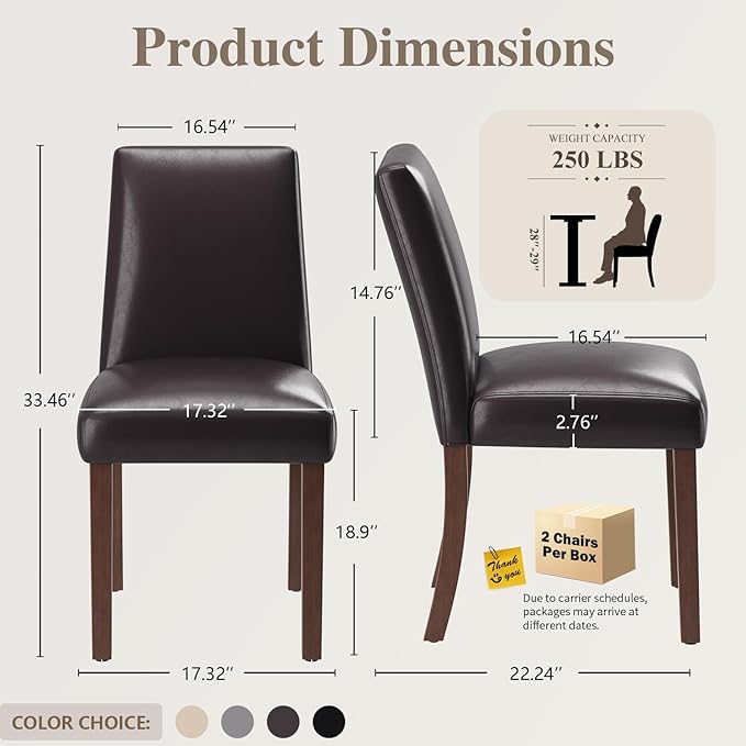 Dining Chairs Set of 6, Modern Dining Room Chairs with Wooden Legs, Faux Leather Upholstered Kitchen Farmhouse Parsons Chairs for Restaurant & Cafe- Dark Brown