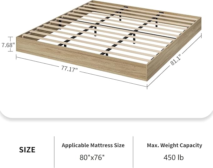 Garvee King Size Solid Wood Platform Bed with Sturdy Wooden Slats, Floor-Standing Bed Frame, Modern Minimalist Design Bed Frame, No Box Spring Needed, Space Saver, Easy Assembly, Golden Tan Wood