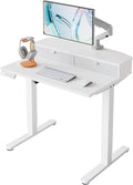 HUANUO 32 x 21 inch Small Electric Standing Desk with 2 Drawers, C-Clamp Mount Compatible, Height Adjustable Sit Stand Desk, Home Office Stand Up Desk with 4 Memory Height Settings, White