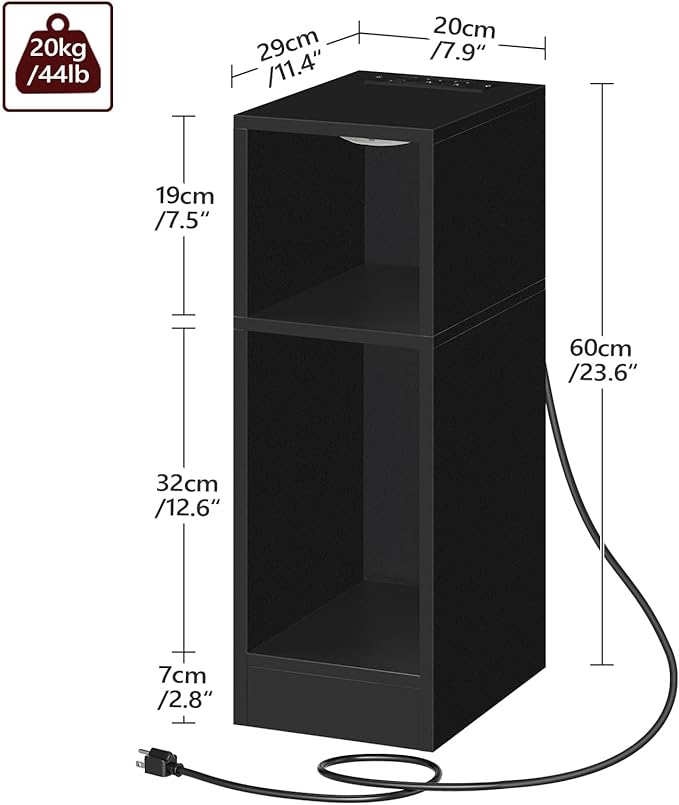MAHANCRIS Narrow Nightstand with LED Light, Narrow End Table with Charging Station, Skinny Bedside Table for Small Spaces, Mid Century Modern Night Stand for Bedroom, Living Room, Black ETBK30E01