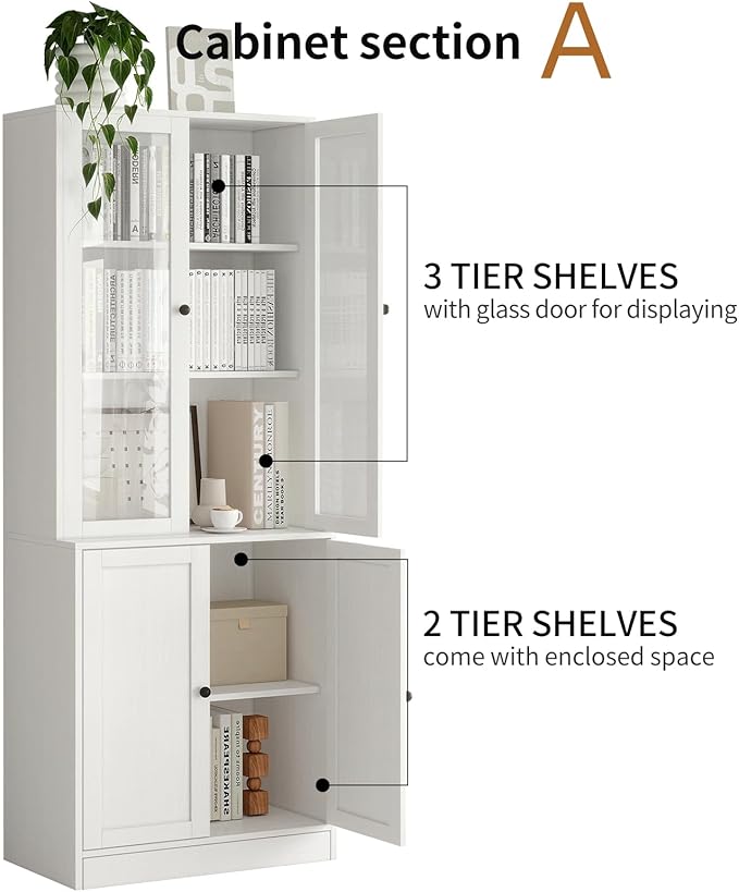 TUSY 71" H Bookshelf with Storage, 6-Tier Modern Bookshelves with 3 Large Drawer, Display Bookcase with Glass Doors, Modern 5-Tier Curio Cabinet for Home Office, Dining Room (White, ABA)