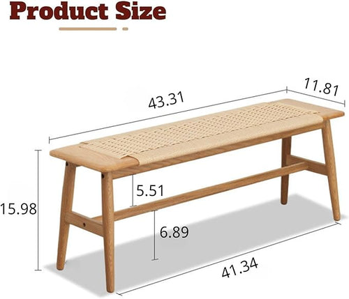 100% Solid Oak Farmhouse Entryway Bench, Wooden Bench Indoor with Hand Woven Rope Surface Design, Wood Bench for End of Bed with Solid Structure(Natural, 43.31" Wx11.81 Dx15.98 H)