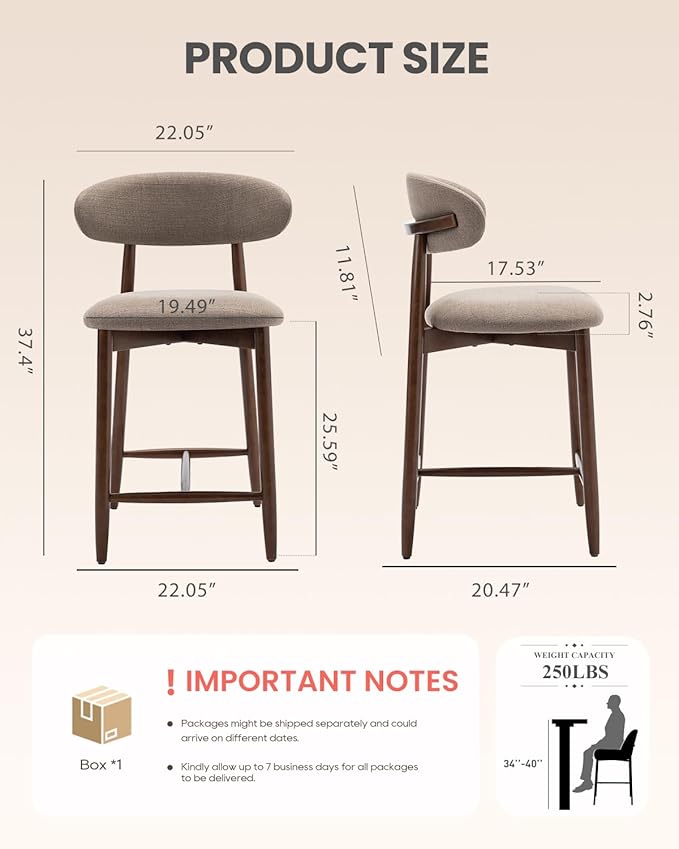 Bar Stools Set of 2, 25.6″ Counter Height Bar Stools with Wood Legs, Upholstered Modern Kitchen Barstools for Kitchen Island Dining Room Bar, Camel