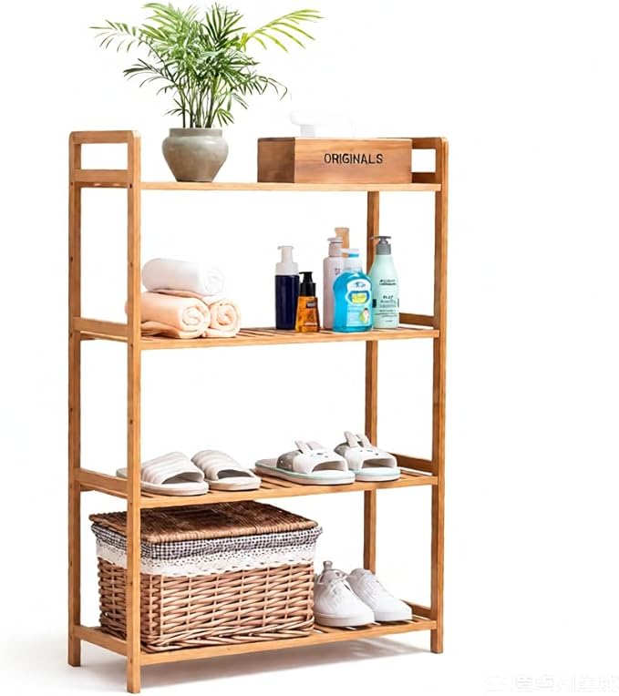 Bamboo Bathroom Shelf Organizer, 4 Tier Wooden Bathroom Rack with Adjustable Shelves, Free Standing Shelving Unit Open Bookcase Plant Shelf Indoor, 39" Storage Shelves for Kitchen Living Room