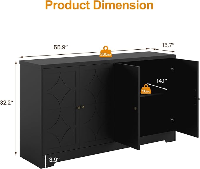 RoyalCraft 56'' Modern Kitchen Buffet Table with 4 Doors and Adjustable Shelves, Sideboard Buffet Cabinet with Storage, Wood Credenza Accent Coffee Bar Cabinet for Entryway, Living Room, Satin Black