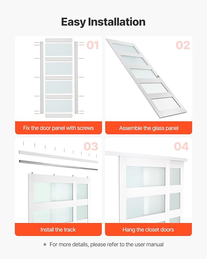VEVOR Sliding Closet Door, 60" (Double 31") x 80", 5-Lite Frosted Glass with Hardware Kit & Floor Guide, Solid Wood & MDF Slab with Waterproof PVC Surface, Pre-Drilled Doors Panel, Need to Assemble