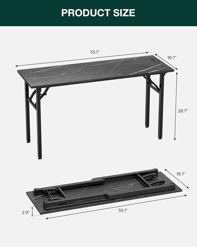 Frylr Small Folding Computer Desk – 55.1 Inch Portable Table for Craft and Study, Lightweight Desk for Small Spaces, Foldable Laptop Table Built-in AC/USB Outlets for Convenience, Marble Greige