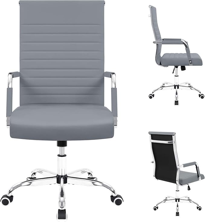 Furmax Ergonomic Office Desk Chair, Executive Ribbed Mid-Back PU Leather Conference Room Chair Adjustable Swivel Chair with Arms (2, Grey)