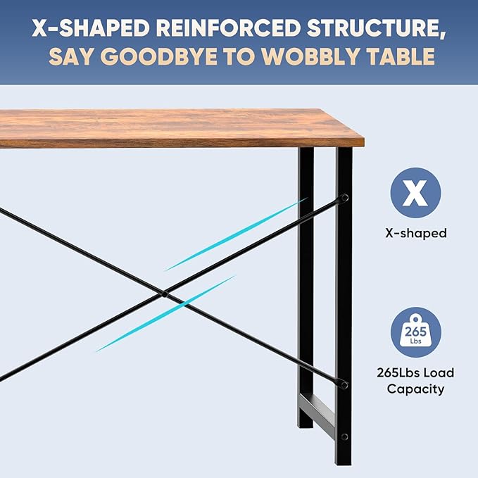 DUMOS 44 Inch Computer Desk for Home Office, Modern Study Work Table Simple Style for Bedroom, Writing Desks with X-Shaped Reinforcement, Rust