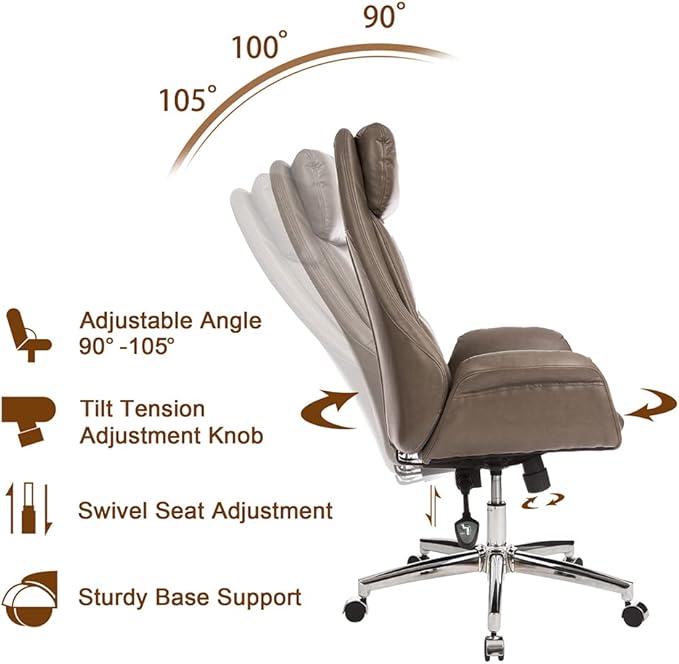 Glitzhome Mid-Century Modern PU Leather Adjustable Swivel High Back Office Chair, Adjustable Task Chair with Lumbar Back Support Executive Swivel Chair(Grey)