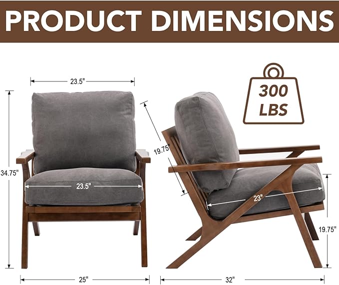 chairus Mid-Century Modern Accent Chair, Comfy Upholstered Lounge Armchair with Removable Cushions & Solid Wood Frame, Reading Chair for Living Room Bedroom Office, Grey Denim Fabric