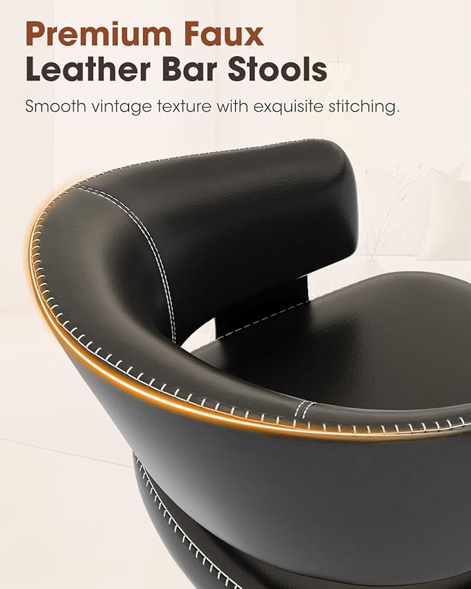 Bar Stools Set of 2, 30" Swivel Bar Height Bar Stools with Curved Back, Mid-Century Modern Faux Leather Bar Chairs with Stitching for Kitchen Island, Dining, Living Room, Vintage Black
