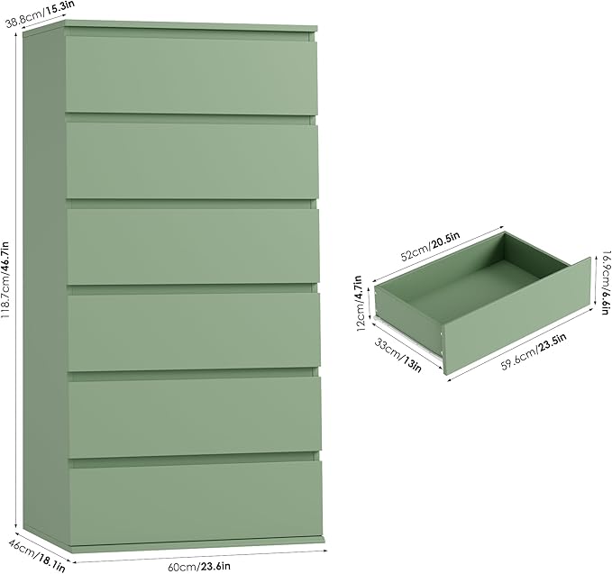 FOTOSOK Green Dresser, 6 Drawer Dresser, Modern Tall Floor Storage Cabinet with Metal Sliding Rail, Wooden Handleless Drawer Cabinet, 6-Layer Large Capacity Vertical Dressers for Home & Office