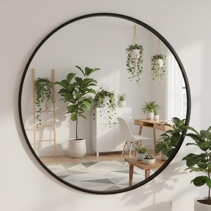 Smartxchoices 24 Inch Round Mirror, Metal Frame Wall Mirror Mounted Black Circle Mirrors, Vanity Mirror Modern Minimalist Wall Décor for Entryway, Bathroom, Washroom, Living Room, Bedroom