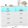 FJTJBSI Dresser with Power Outlets and LED Lights Wooden 6 Drawer Dresser with Large Organizer Tall White Drawer for Bedroom Modern Chest of Drawers Closet for Living Room Kids Room