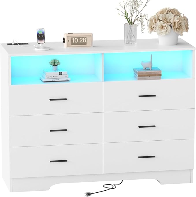 FJTJBSI Dresser with Power Outlets and LED Lights Wooden 6 Drawer Dresser with Large Organizer Tall White Drawer for Bedroom Modern Chest of Drawers Closet for Living Room Kids Room