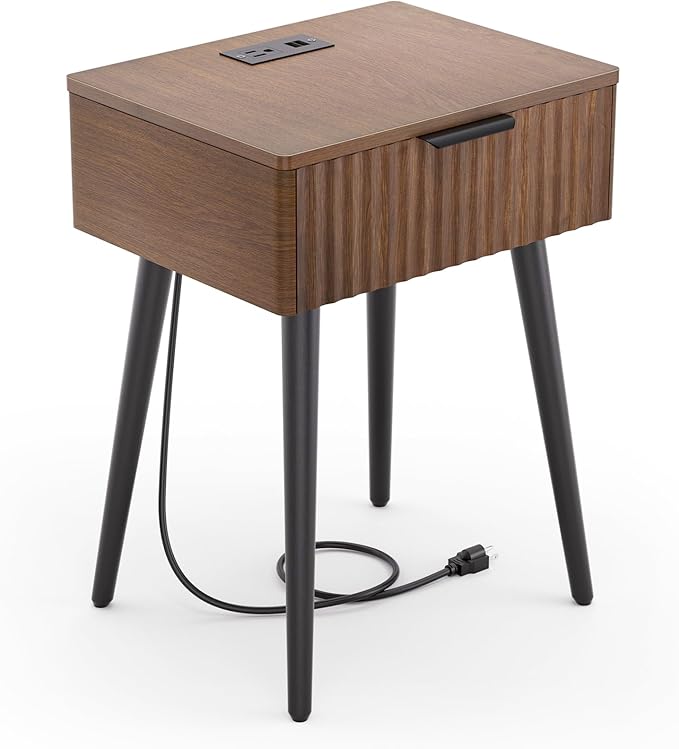 HAIOOU Set of 2 Mid Century Nightstand with Charging Station, End Table Modern Side Table One Drawer with Premium Matte Black Handle and Pine Wood Legs for Home Bedroom Living Room