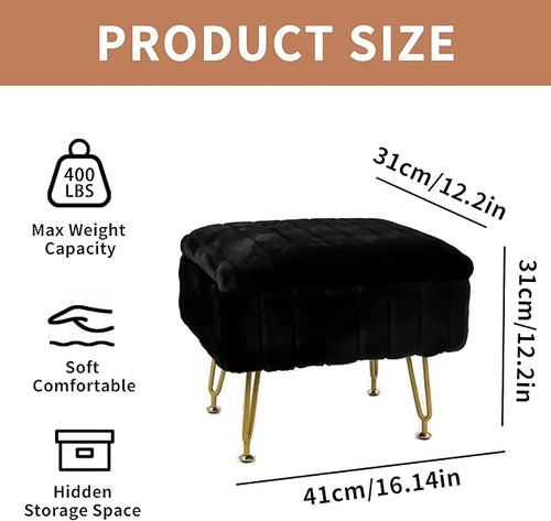 ACEQLYT® Small Foot Stool, Small Ottoman with Storage, Black Furry Footstool with Soft Padded Seat & Gold Metal Leg