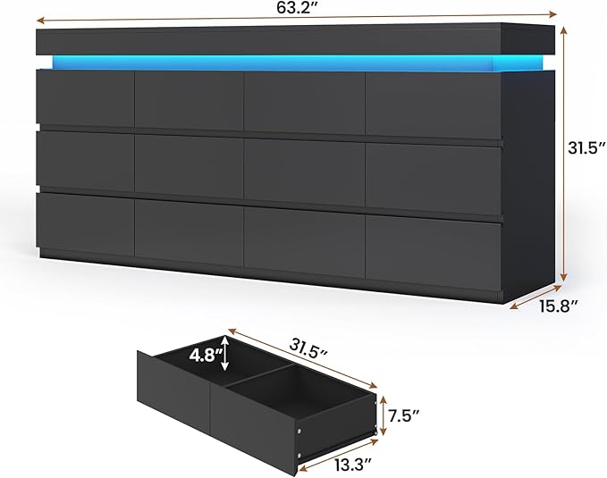 HAUOMS 12 Drawer Dresser with LED Light, Black Modern Chest of Drawers for Bedroom,Long Dresser with Drawers for Living Room, Entryway, Hallway