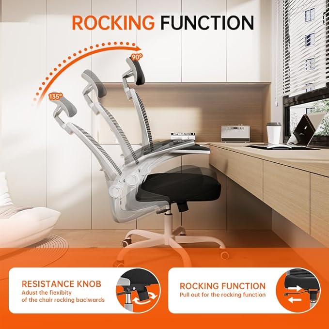 Office Chair Ergonomic Desk Chair, 330LBS Capacity, High Back Computer Design for Long Hours Comfort, Rolling Swivel for Home Office, Flip-up Armrests, Grey Black