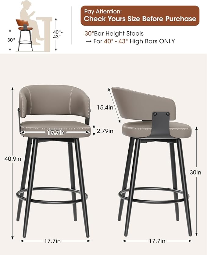 Bar Stools Set of 2, 30" Swivel Bar Height Bar Stools with Curved Back, Mid-Century Modern Faux Leather Bar Chairs with Stitching for Kitchen Island, Dining, Living Room, Matte Gray