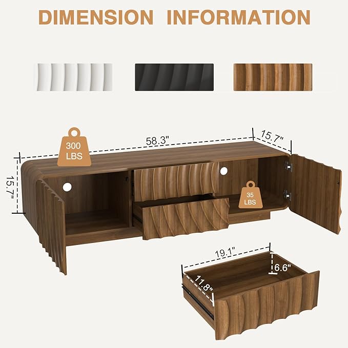 58'' TV Stand for 65 Inch TV, Modern Spiral Wave Media Console with Storage Cabinet and 2 Drawers, Low Profile Entertainment Center for Living Room Bedroom (Walnut)