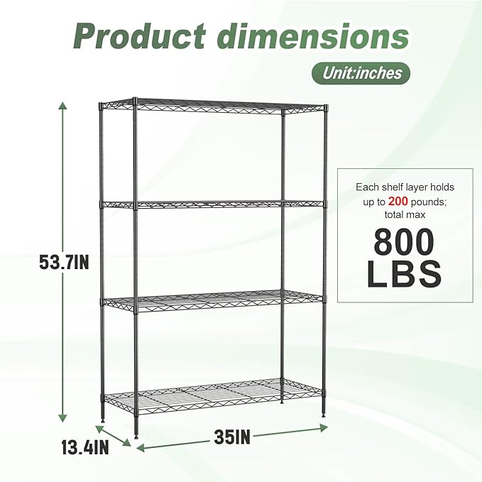 BestOffice 4-Tier Wire Shelving Unit, 800 LBS Heavy Duty Metal Storage Shelves, Adjustable Wire Shelf for Garage, Kitchen, Pantry, Utility Shelving Rack with Leveling Feet, Black