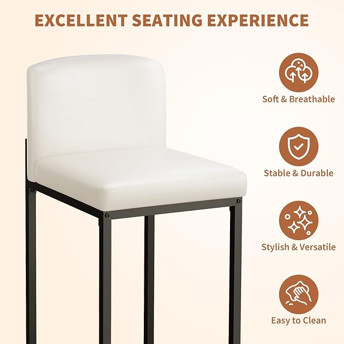 GarveeHome Bar Stools Set of 4, Modern Counter Height Bar Stools with Back and Footrest, Faux Leather Upholstered Barstools Chairs for Kitchen Island Dining Room Bar, White