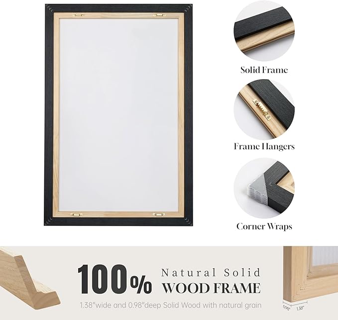 Large Framed Modern Abstract Wall Art for Living Room, 3 Piece Black White Gray Canvas Prints Paintings Artwork for Walls, Minimalist Abstract Pictures for Hallway, Stair, Office Wall Decor 24x36 In
