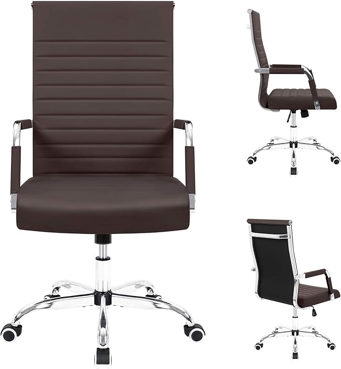 Furmax Ergonomic Office Desk Chair, Executive Ribbed Mid-Back PU Leather Conference Room Chair Adjustable Swivel Chair with Arms (4, Brown)