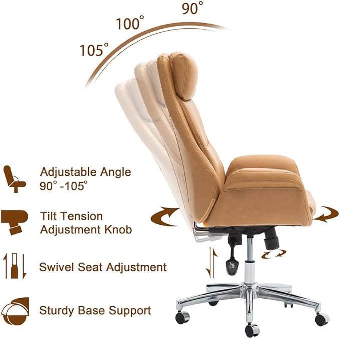 Glitzhome Modern Executive Office Chair, High Back PU Leather Ergonomic Computer Desk Chair, Adjustable Height Swivel Office Task Chair with Lumbar Back Support (Camel)