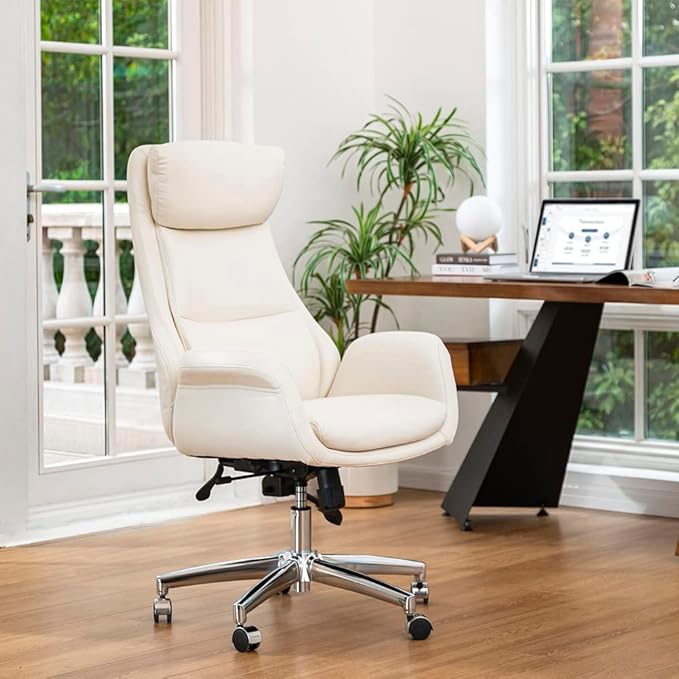 Glitzhome Modern Executive Home High-Back Office Chair - Leather Adjustable Swivel Desk Chair with Armrest(Cream)