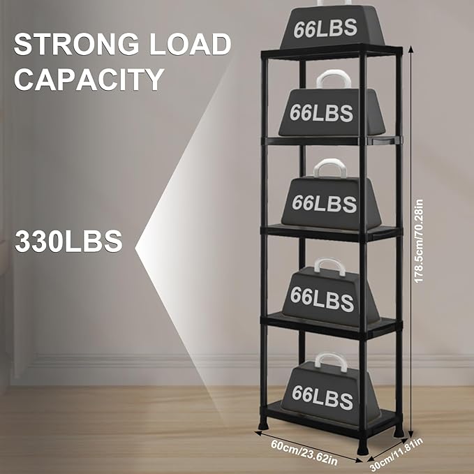 Plastic Storage Shelves, 70.2" H x 12" D x 24" W Plastic Shelves for Storage, 5-Tier Shelving Unit, Storage Rack, 330 lbs, Bathroom, Laundry, Garage & Home