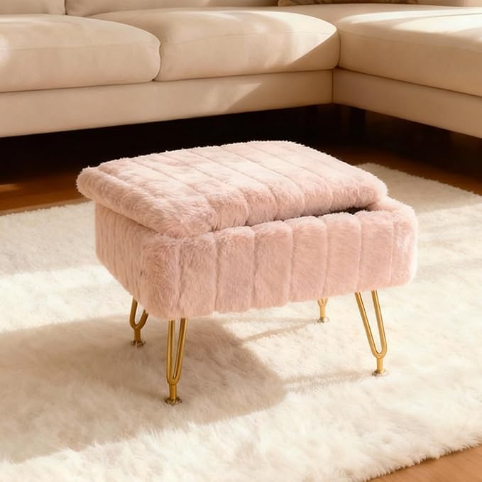 ACEQLYT® Small Foot Stool, Small Ottoman with Storage, Pink Furry Footstool with Soft Padded Seat & Gold Metal Leg
