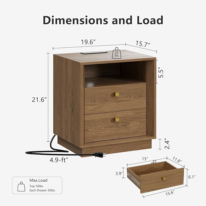 FORTUNETEC Nightstand with Charging Station, Mid Century Modern Nightstand with Wood Grain Texture, Minimalist End Table with Drawers Storage, Bedside Table for Bedroom Living Room Office, Walnut