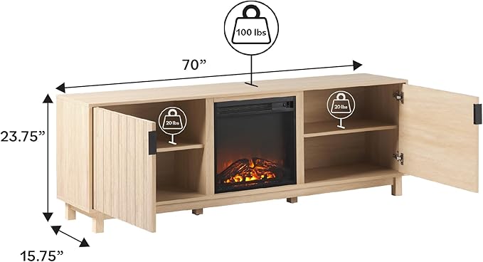 Walker Edison Arundo Reeded TV Stand with Fireplace & Storage, 70" Fireplace, Coastal Oak