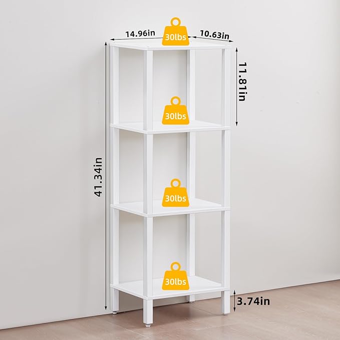 YUFAM 4 Tier Tall Wooden Bookshelf with Storage - Small White Bookcase for Small Spaces, Shelf for Living Room, Office, Bedroom, Kitchen - Industrial Modern Book Shelf