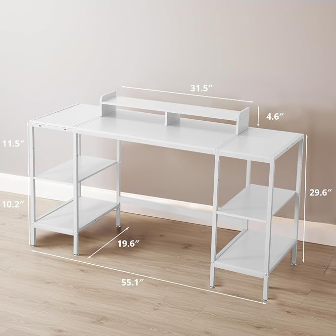 MINOSYS Computer Desk 55-inch with Storage Shelf - White Ideal Gaming Desk for Bedrooms, Small Spaces, and Home Offices Modern Writing Desk for PCs.