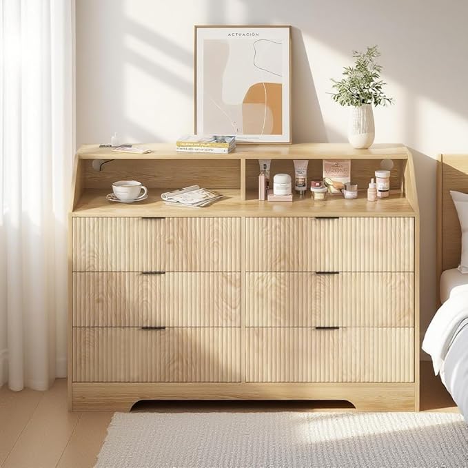 Fluted Dresser for Closet, Boho Bedroom 6 Drawer Dresser TV Stand with Charging Station, Oak Wide Chest of Drawers, Farmhouse Wood Closet Clothes Storage for Living Room, Metal Handle, 47"