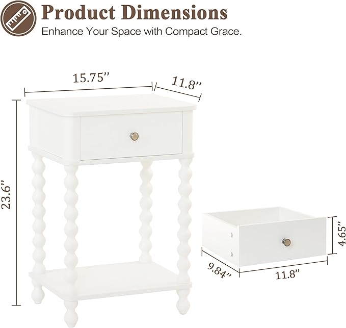 AWASEN White Nightstand, Small Side Table with Drawer for Living Room, Farmhouse End Bedside Table with Spindle Wood Legs for Bedroom, Office, White