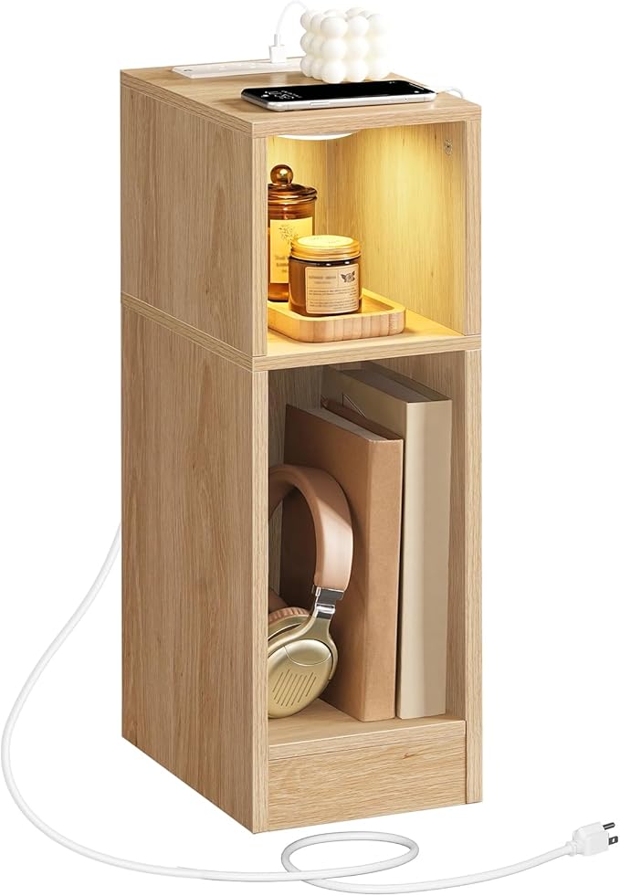 MAHANCRIS Narrow Nightstand with LED Light, Narrow End Table with Charging Station, Skinny Bedside Table for Small Spaces, Mid Century Modern Night Stand for Bedroom, Living Roon, Natural ETNA30E01